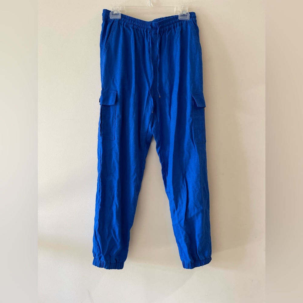 Blue Drawstring Cargo Pocket Linen Sweatpants